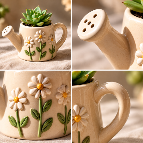 Daisy Watering Can Ceramic Planter — view 2