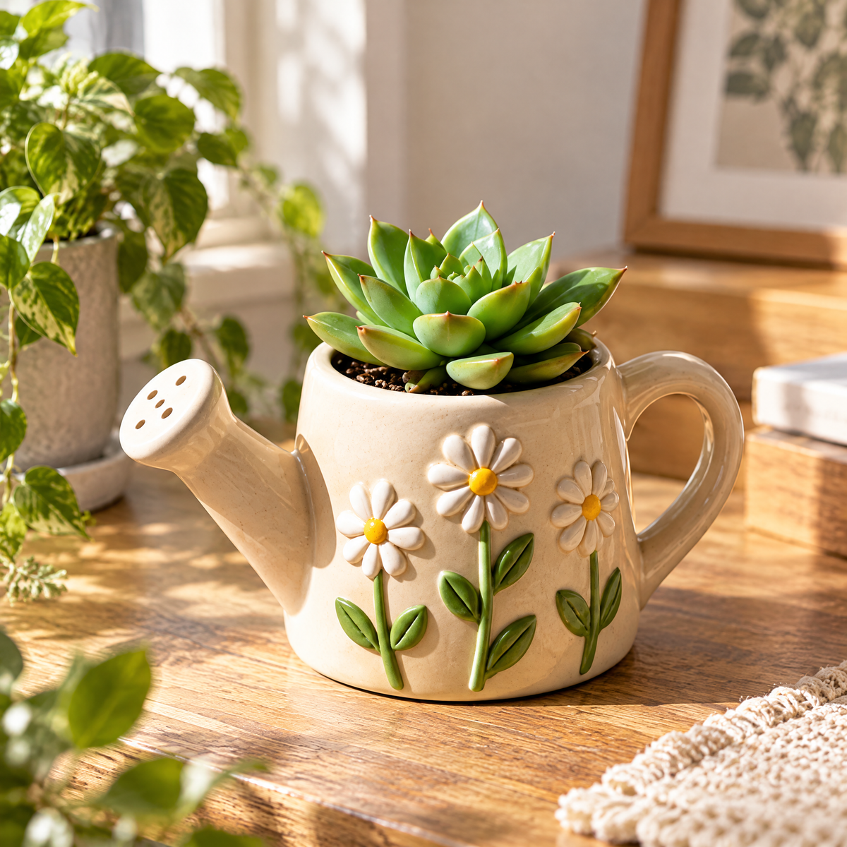 Daisy Watering Can Ceramic Planter — view 3